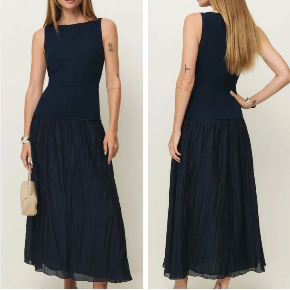 NEW Reformation Cyra Midi Dress Sz2 Navy Blue Pleated